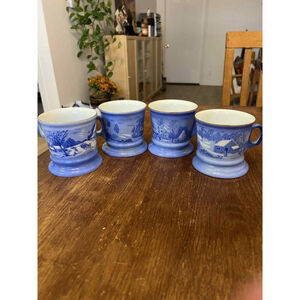 Set of 4 Currier & Ives Blue Cup Mugs “The Homestead Winter” Collectible Blue